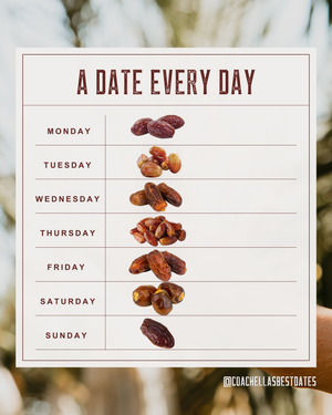 A graphic of a white box with days of the week planner format with a photo of a date next to each day. On top it says A Date Everyday. 